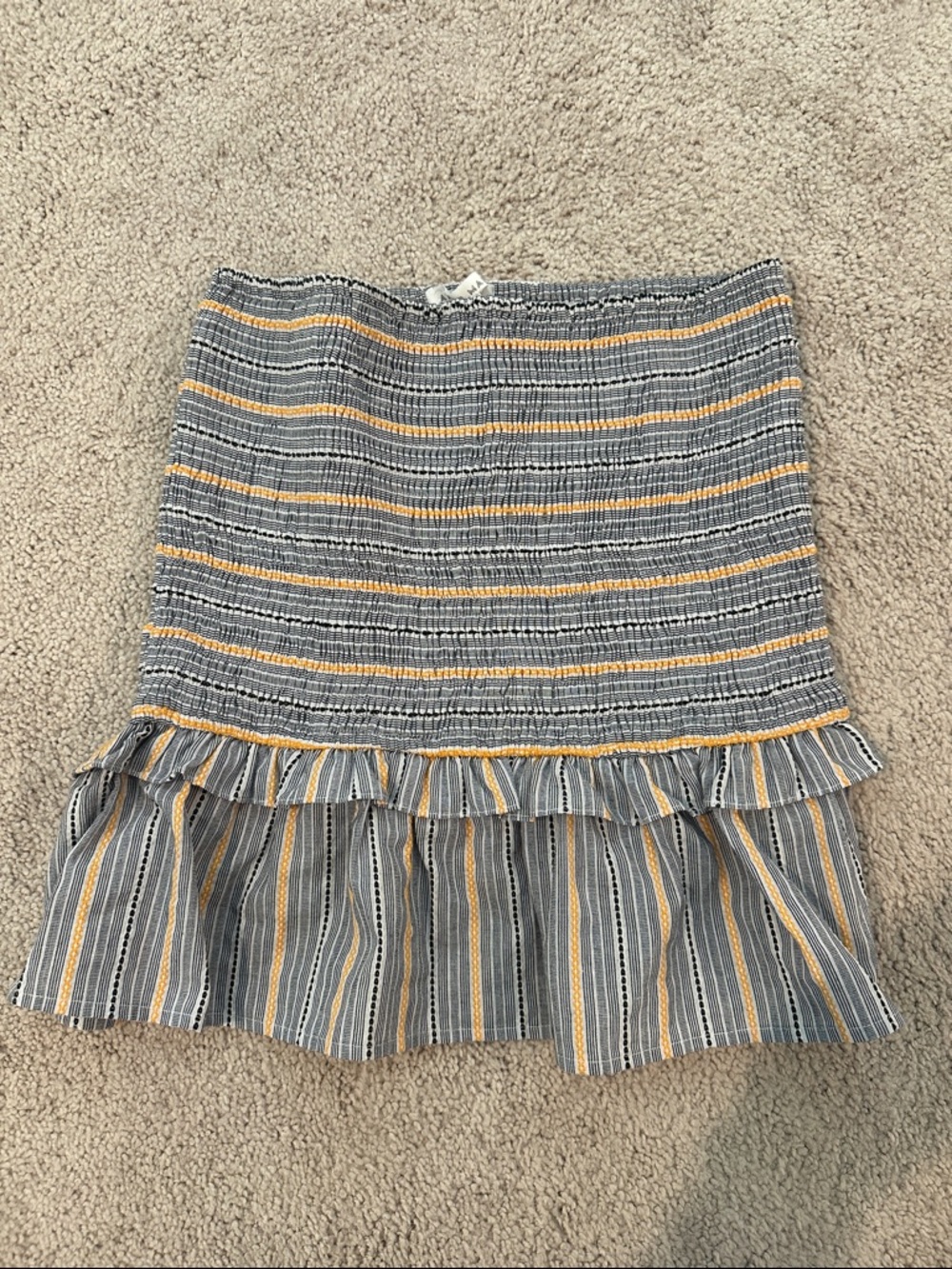 Striped Smocked Tank Top with Ruffle Hem - Navy & Yellow